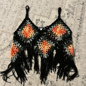 Vivid Crochet Fringe Tank Top Bohemian Hippie Festival Granny Square S Boho